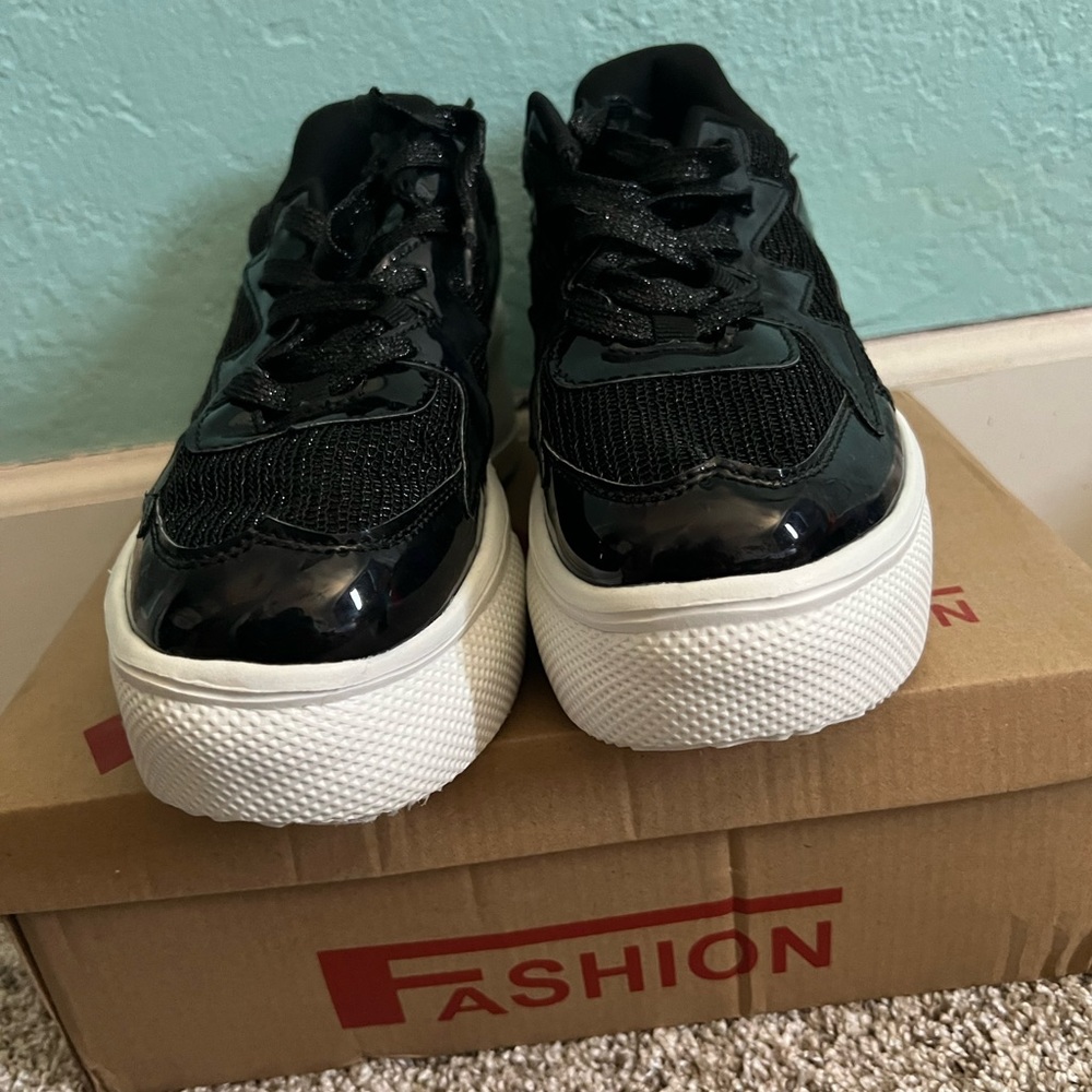 Shiny black platform sneaker from Shien, women’s size 10